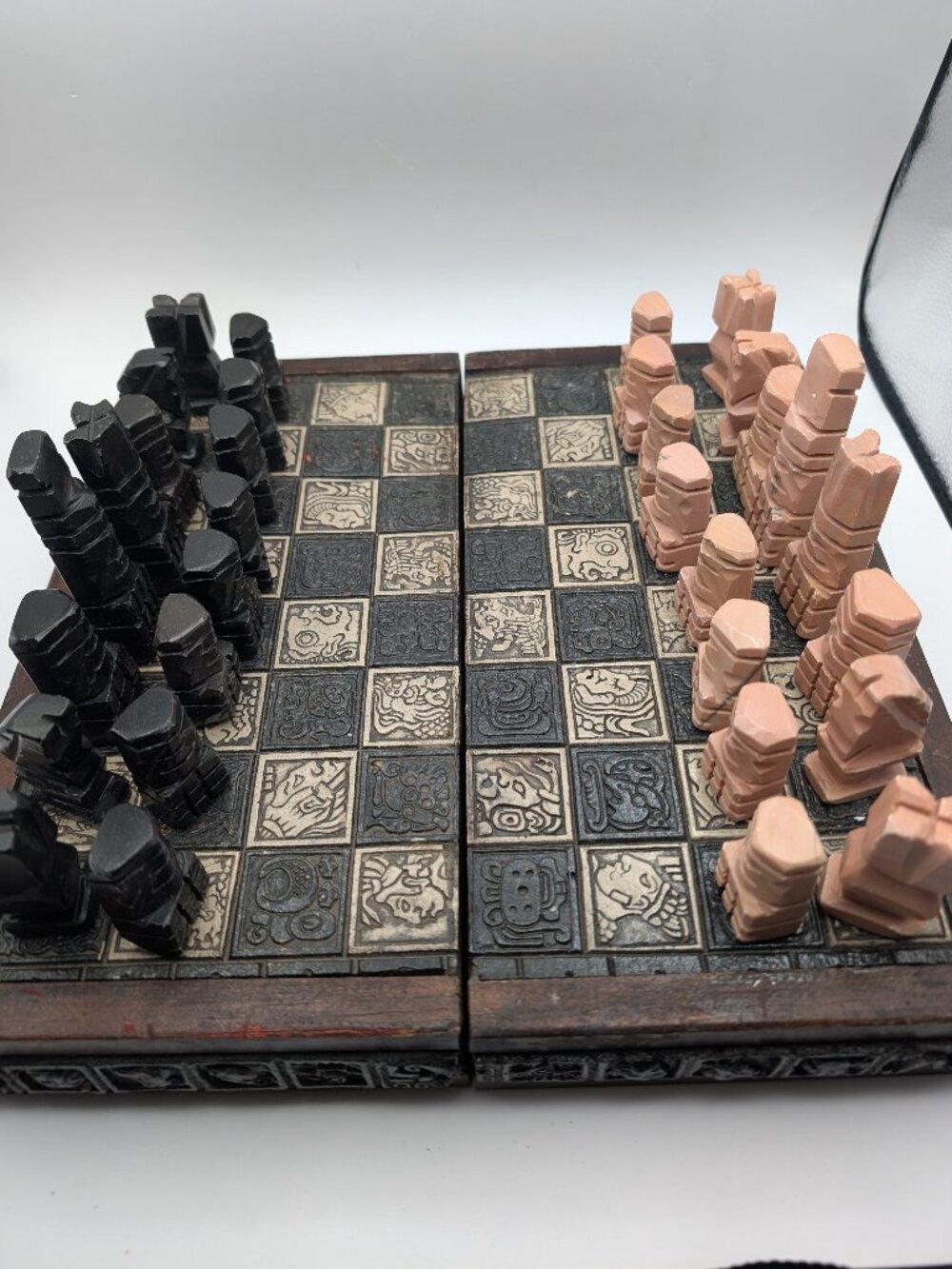 Vintage Inca Aztec Hand Carved Onyx Chessboard Storage & Set